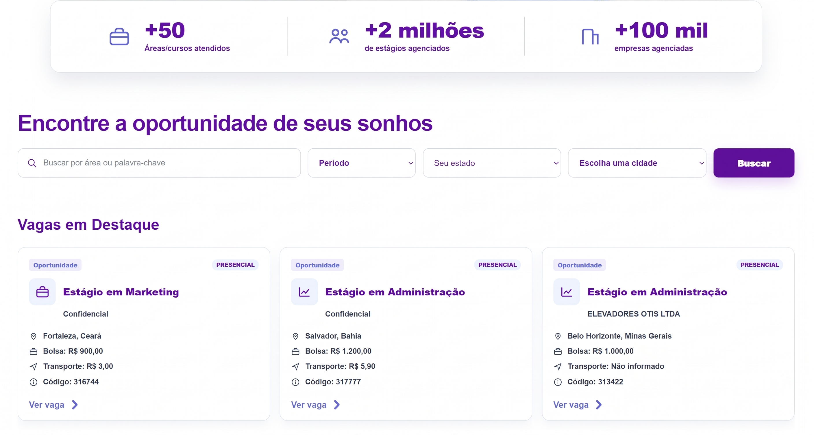 Página real do portal Carreiras, com busca por oportunidades e vagas em destaque.
