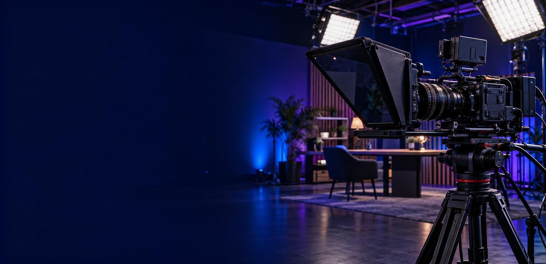 Imagem ilustrativa de um estúdio de produção de vídeos com câmera profissional, teleprompter e iluminação em roxo e azul.